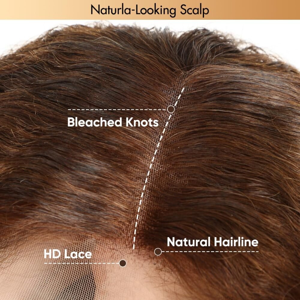 ⁦باروكة شعر بشري بني شوكولاتة - رباط أمامي 13x4 HD شفاف، كثافة 180%، تموجات مائية، مشذبة مسبقًا مع شعر صغير (Baby Hair)، بدون غراء، شعر مجعد ملون⁩ - الصورة ⁦4⁩