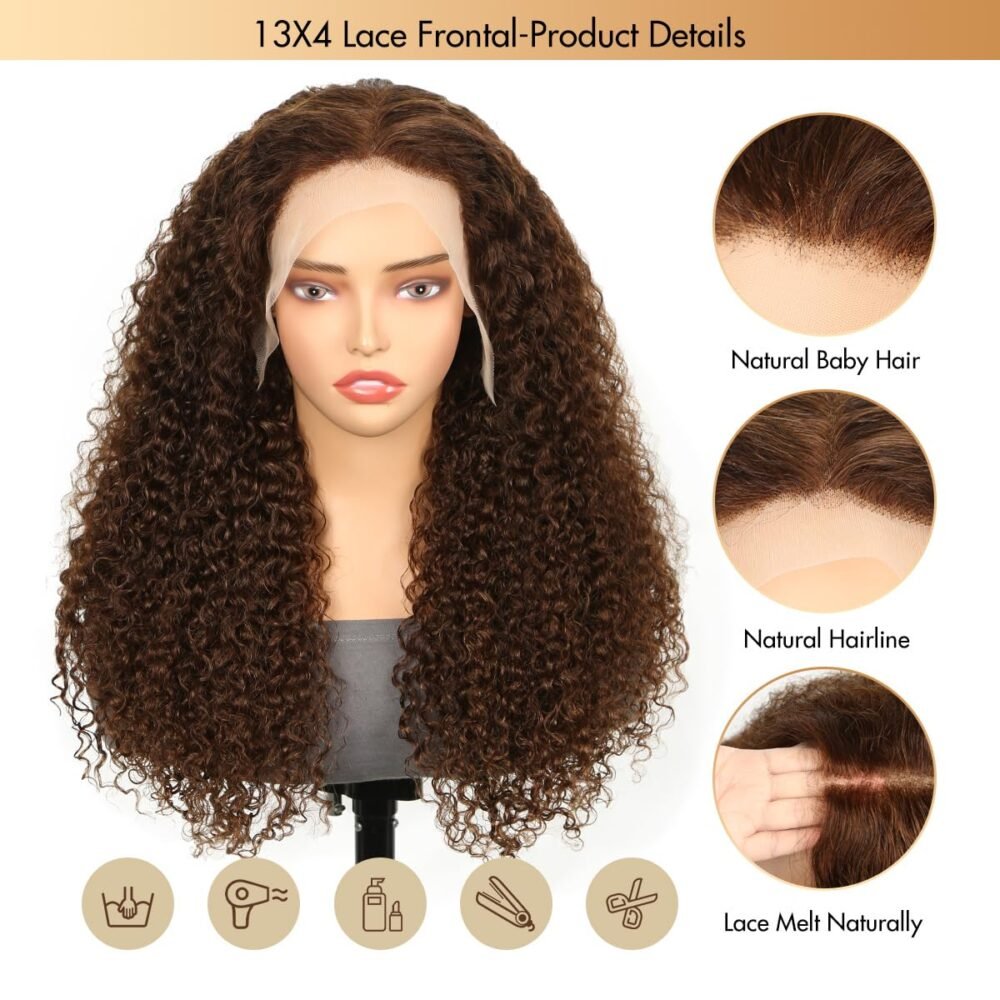 ⁦باروكة شعر بشري بني شوكولاتة - رباط أمامي 13x4 HD شفاف، كثافة 180%، تموجات مائية، مشذبة مسبقًا مع شعر صغير (Baby Hair)، بدون غراء، شعر مجعد ملون⁩ - الصورة ⁦2⁩