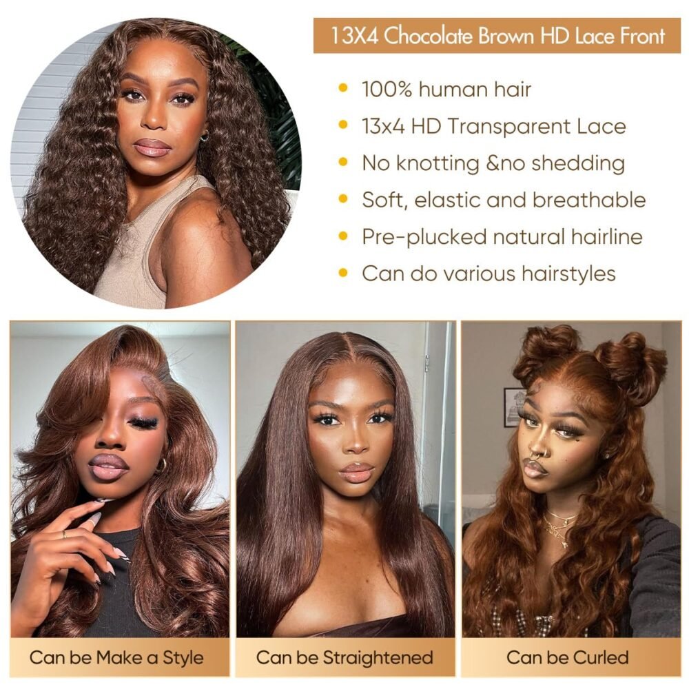 ⁦باروكة شعر بشري بني شوكولاتة - رباط أمامي 13x4 HD شفاف، كثافة 180%، تموجات مائية، مشذبة مسبقًا مع شعر صغير (Baby Hair)، بدون غراء، شعر مجعد ملون⁩ - الصورة ⁦6⁩