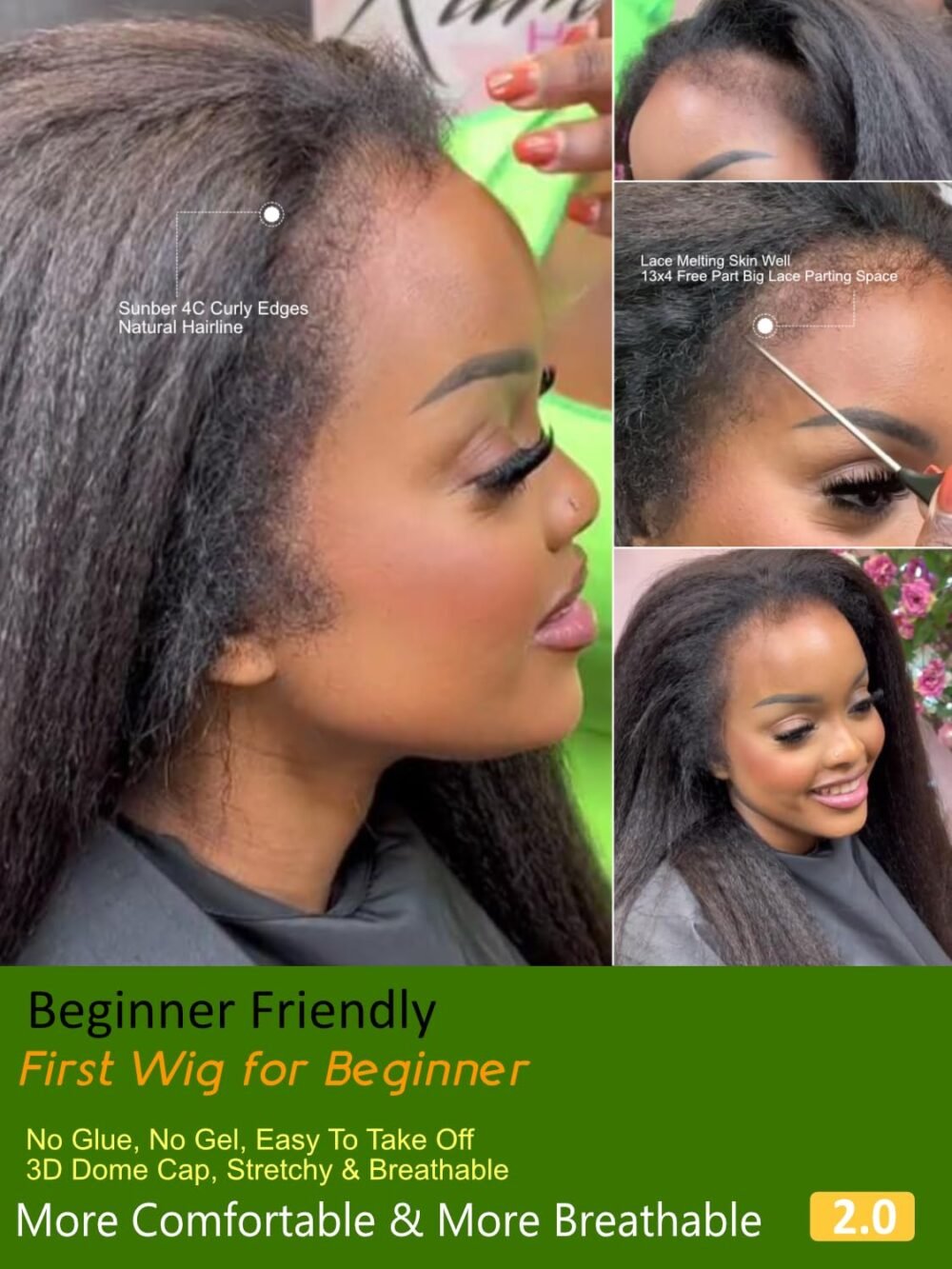 باروكة شعر بشري Sunber 4C يكي مستقيم، بدون غراء، 7x5 HD، عقد غير مرئية، حواف كيرلي، مشذّبة مسبقًا، شعر بشري يكي مستقيم 22 بوصة - الصورة 3