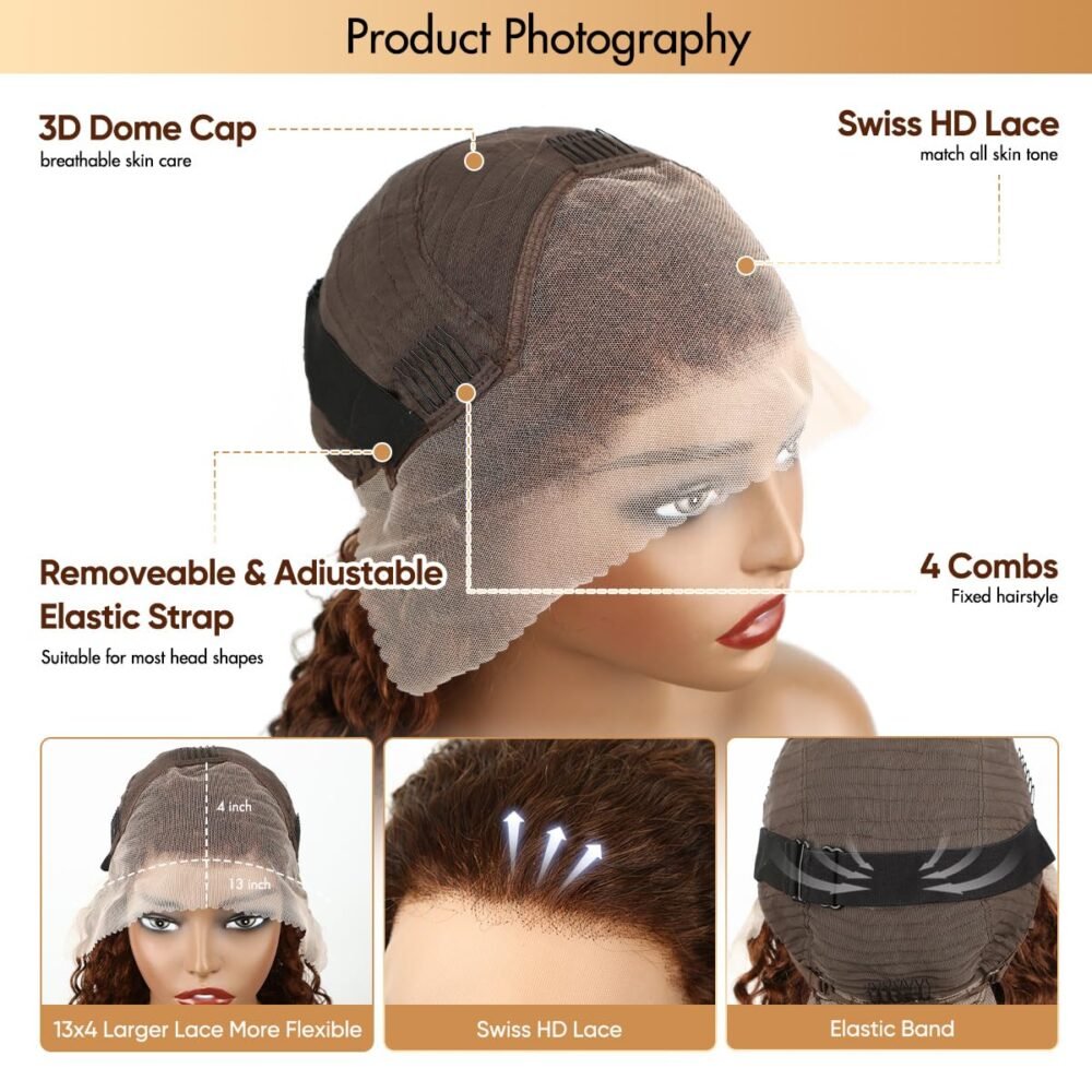 ⁦باروكة شعر بشري بني شوكولاتة - رباط أمامي 13x4 HD شفاف، كثافة 180%، تموجات مائية، مشذبة مسبقًا مع شعر صغير (Baby Hair)، بدون غراء، شعر مجعد ملون⁩ - الصورة ⁦3⁩