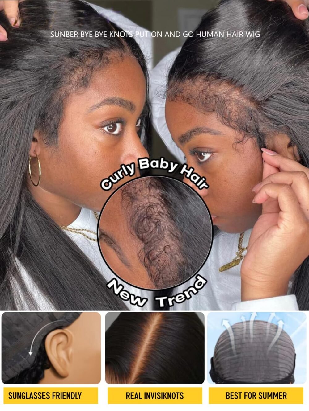 باروكة شعر بشري Sunber 4C يكي مستقيم، بدون غراء، 7x5 HD، عقد غير مرئية، حواف كيرلي، مشذّبة مسبقًا، شعر بشري يكي مستقيم 22 بوصة - الصورة 4