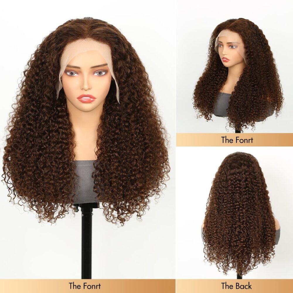 ⁦باروكة شعر بشري بني شوكولاتة - رباط أمامي 13x4 HD شفاف، كثافة 180%، تموجات مائية، مشذبة مسبقًا مع شعر صغير (Baby Hair)، بدون غراء، شعر مجعد ملون⁩ - الصورة ⁦5⁩