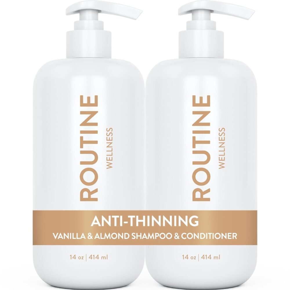 مجموعة شامبو وبلسم روتين ويلنيس لمكافحة تساقط الشعر - تحتوي على البيوتين ومثبط DHT للرجال والنساء - آمنة على اللون وتدعم نمو الشعر الصحي - بنكهة الفانيليا واللوز (عبوة من 2)