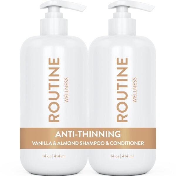 مجموعة شامبو وبلسم روتين ويلنيس لمكافحة تساقط الشعر - تحتوي على البيوتين ومثبط DHT للرجال والنساء - آمنة على اللون وتدعم نمو الشعر الصحي - بنكهة الفانيليا واللوز (عبوة من 2)