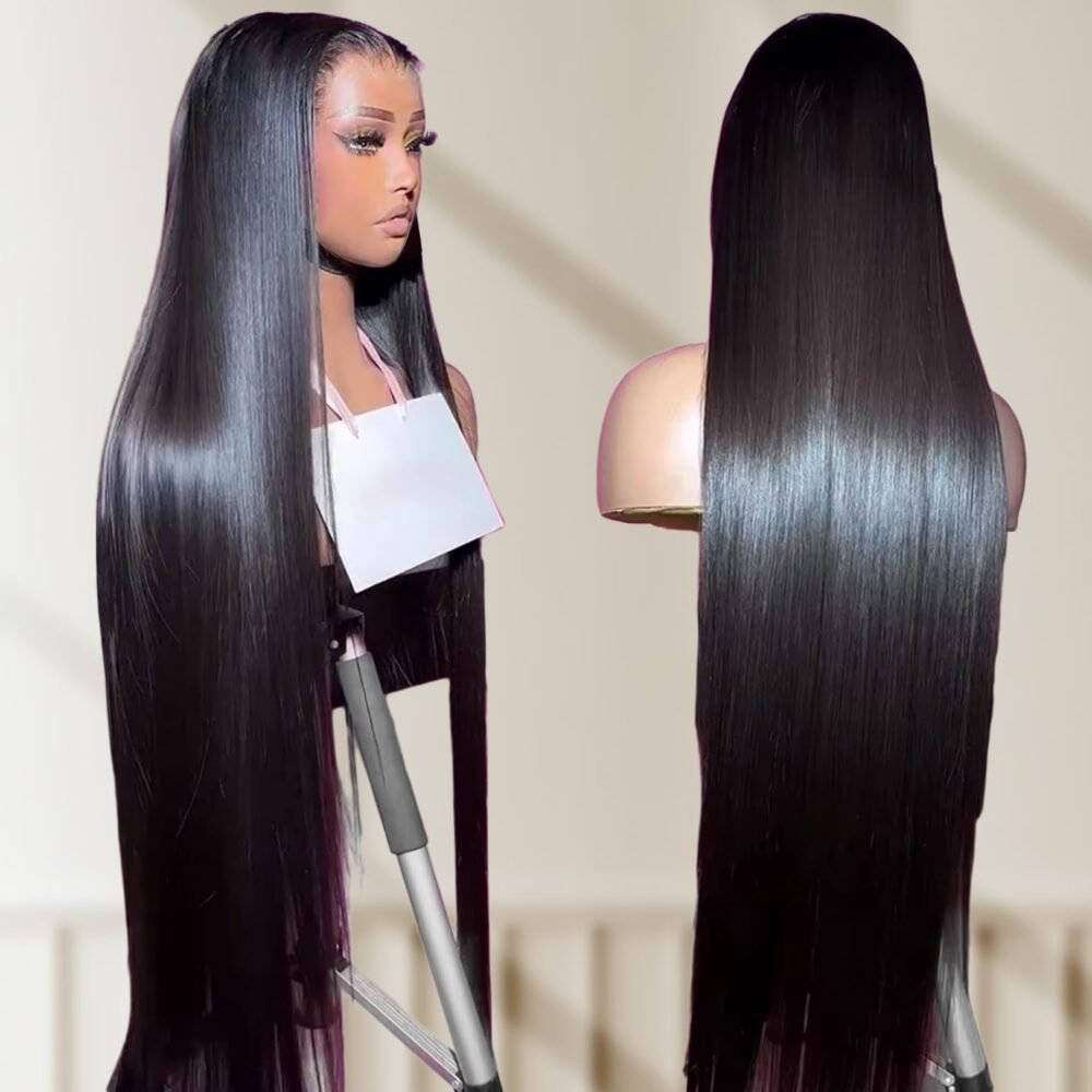 باروكة شعر بشري 34 بوصة مع غلق 5x5 لاصق HD، بدون غراء، مباشرة، تم تصفيفها مسبقاً، كثافة 180% للنساء - الصورة 2