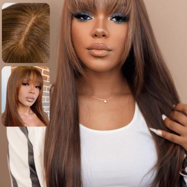 باروكة شعر بشري يكي مستقيم مع غرة، بني شوكولاتة، مع غطاء أمامي شفاف، بدون غراء، 24 بوصة