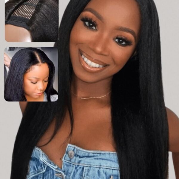 باروكة شعر بشري Yaki مستقيم 24 بوصة مع جزء V، بدون غراء أو خياطة، سهلة الاستخدام للمبتدئين