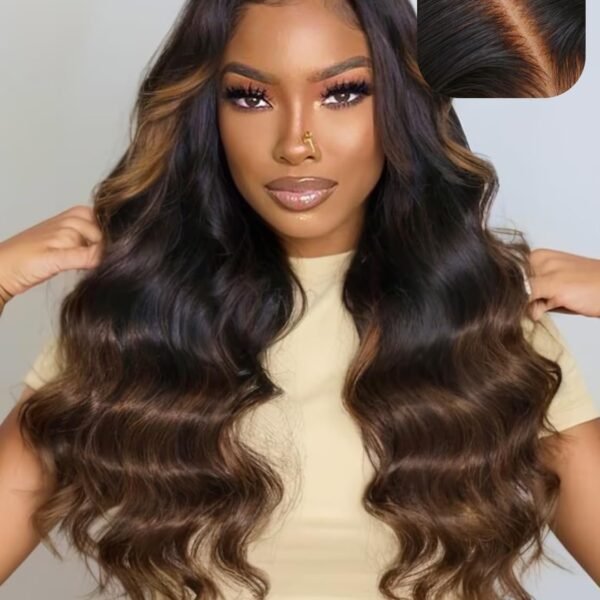 باروكة شعر بشري UNICE 24 بوصة 7x5 لون بني صدفي Ombre Loose Wave مع غلق مسبق وKnots مختفية