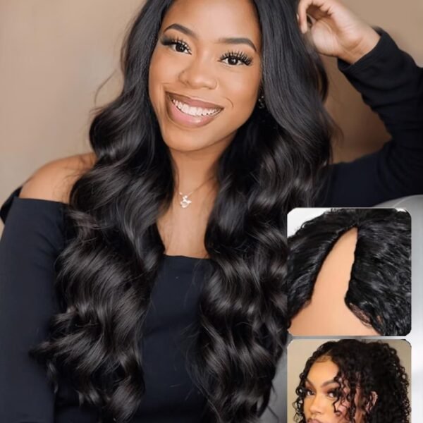 باروكة شعر بشري UNICE EasiContour V Part، 24 بوصة، تموجات جسمية، بدون غراء، سهولة في الاستخدام