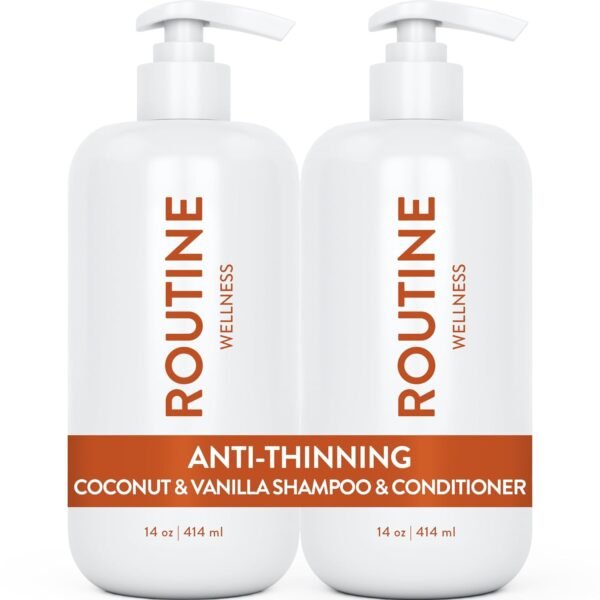 مجموعة شامبو وبلسم روتين ويلنيس المضاد للتقصف للشعر الضعيف – يحتوي على البيوتين ومثبط DHT للنساء والرجال – شامبو آمن للألوان للشعر المتساقط ونمو صحي – جوز الهند والفانيليا (عبوة من 2)