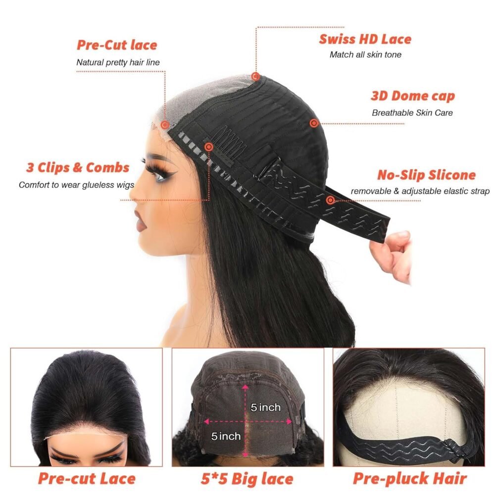 ⁦باروكة شعر بشري 32 بوصة مع غلق 5x5 لاصق HD، بدون غراء، جاهزة للاستخدام للمبتدئين، تم تصفيفها مسبقاً، موجة جسم طبيعية للنساء⁩ - الصورة ⁦5⁩