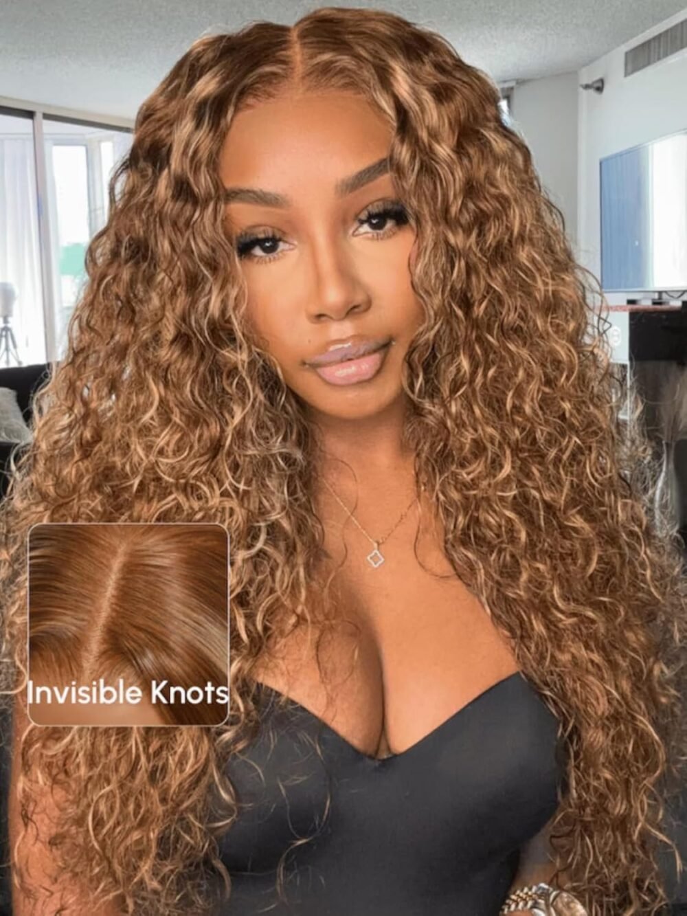باروكة UNICE Water Wave بشعر بشري مع خصلات باللون الأشقر، مع تقنية Bye Bye Knots - 24 بوصة، دانتيلا 7x5، جاهزة للاستخدام دون غراء - الصورة 2