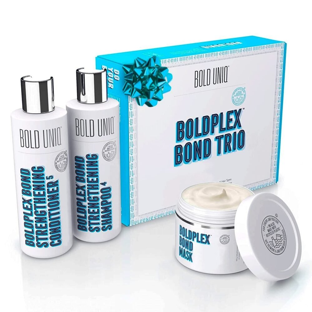 Boldplex 3, 4 & 5 Bond Restore Treatment, Shampoo & Conditioner Trio Gift Set - مجموعة هدية للعلاج وتقوية الشعر - تركيبة مرطبة بالبروتين، تقوي الشعر الجاف والتالف، تصلح التكسر والأطراف المتقصفة. خالي من القسوة ومنتجات نباتية.
