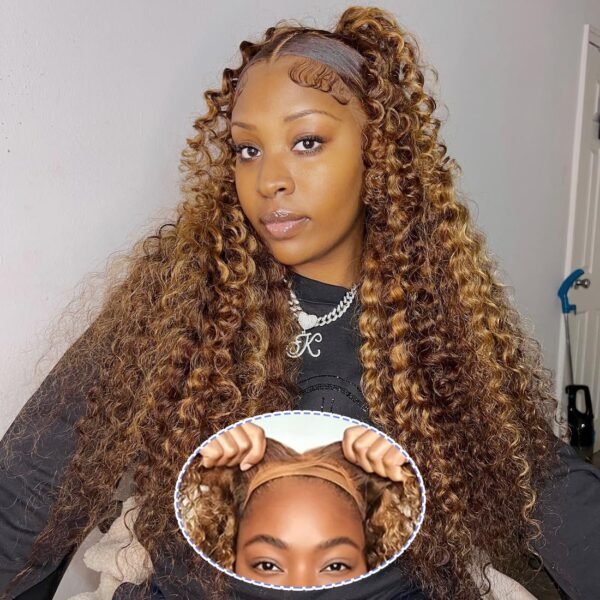 باروكة شعر بشري جاهزة للاستخدام بدون غراء، هايلايت، 6x4 غلق رباط، تموجات عميقة، مشذبة مسبقًا، شعر بشري، 28 بوصة، شعر مجعد بلون أشقر