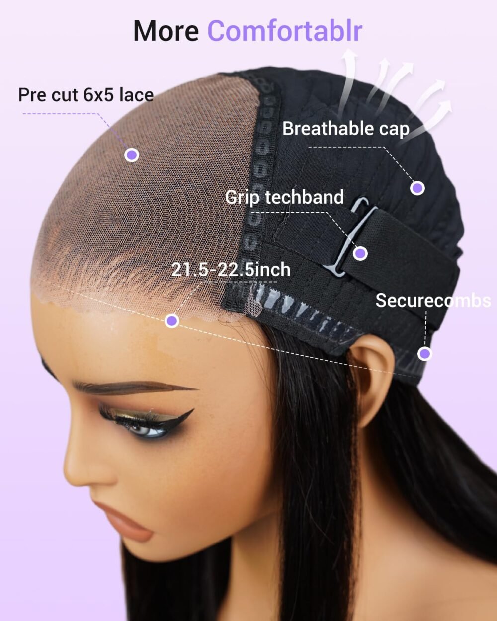 باروكة مستقيمة 5x6 دانتيل أمامي من شعر طبيعي بدون غراء - 24 بوصة - الصورة 4