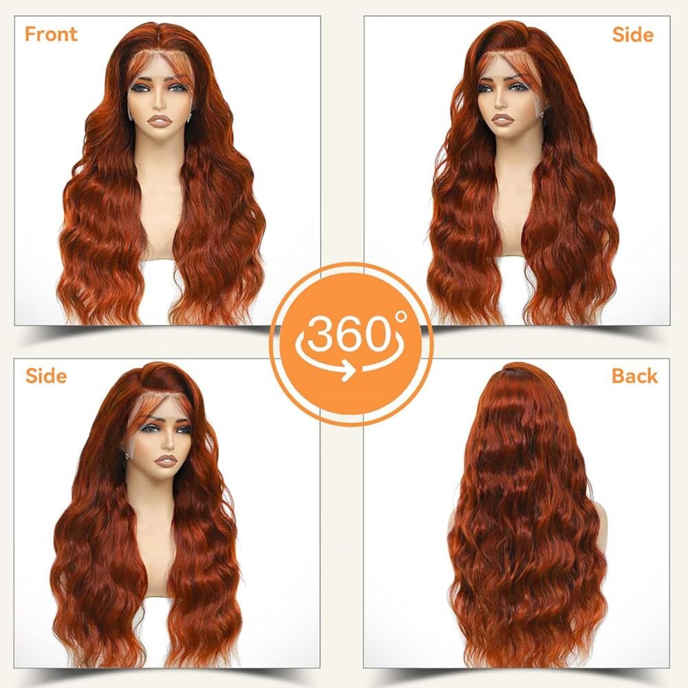 ⁦باروكة شعر طبيعي بلون بني محمر - رباط أمامي HD 13x6، بدون غراء، مشذبة مسبقًا، طول 32 بوصة⁩ - الصورة ⁦4⁩