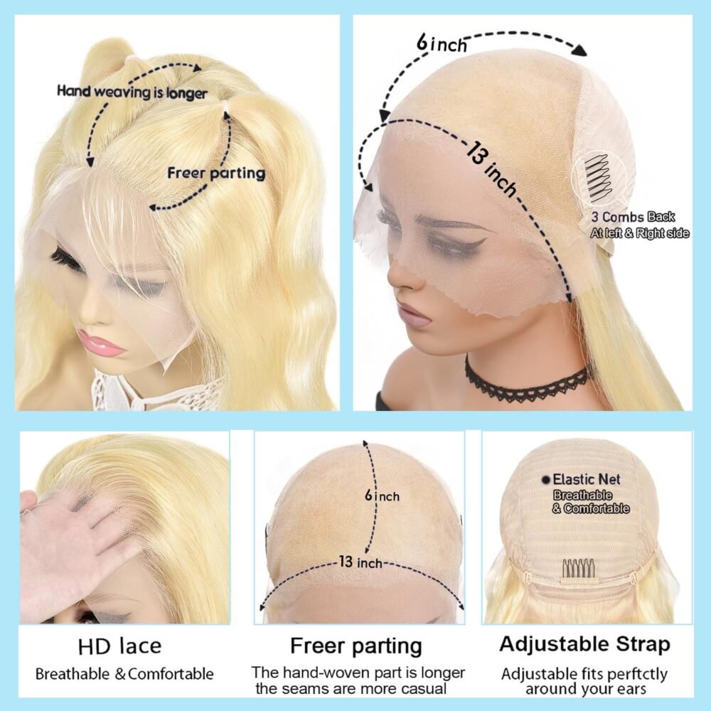 ⁦باروكة شعر بشري 613 بغطاء أمامي 13x6 HD، 32 بوصة، تموجات جسم، كثافة 250%، شعر أشقر، بدون غراء، مع عقد مبيضة مسبقًا⁩ - الصورة ⁦3⁩