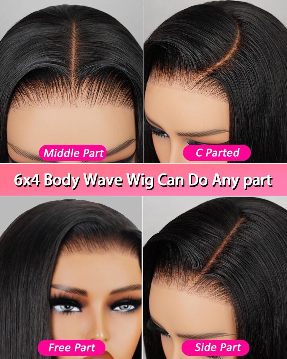 ⁦باروكة دانتيل أمامي بطول 28 بوصة، شعر بشري بتسريحة موجة الجسم، 6x4 دانتيل إغلاق، شعر بشري مع خصلات غير مرئية، بدون غراء، تم تصفيفه مسبقًا، كثافة 200%⁩ - الصورة ⁦5⁩