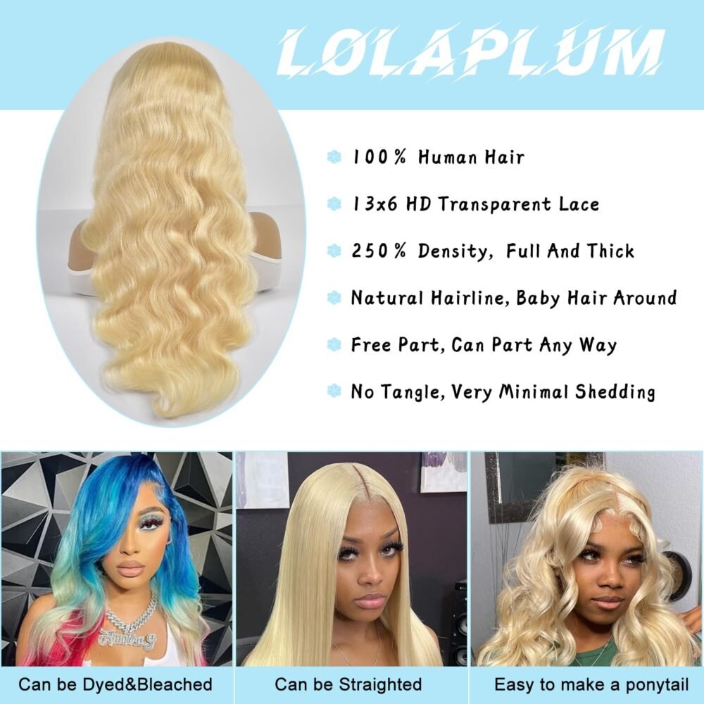 ⁦باروكة شعر بشري 613 بغطاء أمامي 13x6 HD، 32 بوصة، تموجات جسم، كثافة 250%، شعر أشقر، بدون غراء، مع عقد مبيضة مسبقًا⁩ - الصورة ⁦4⁩