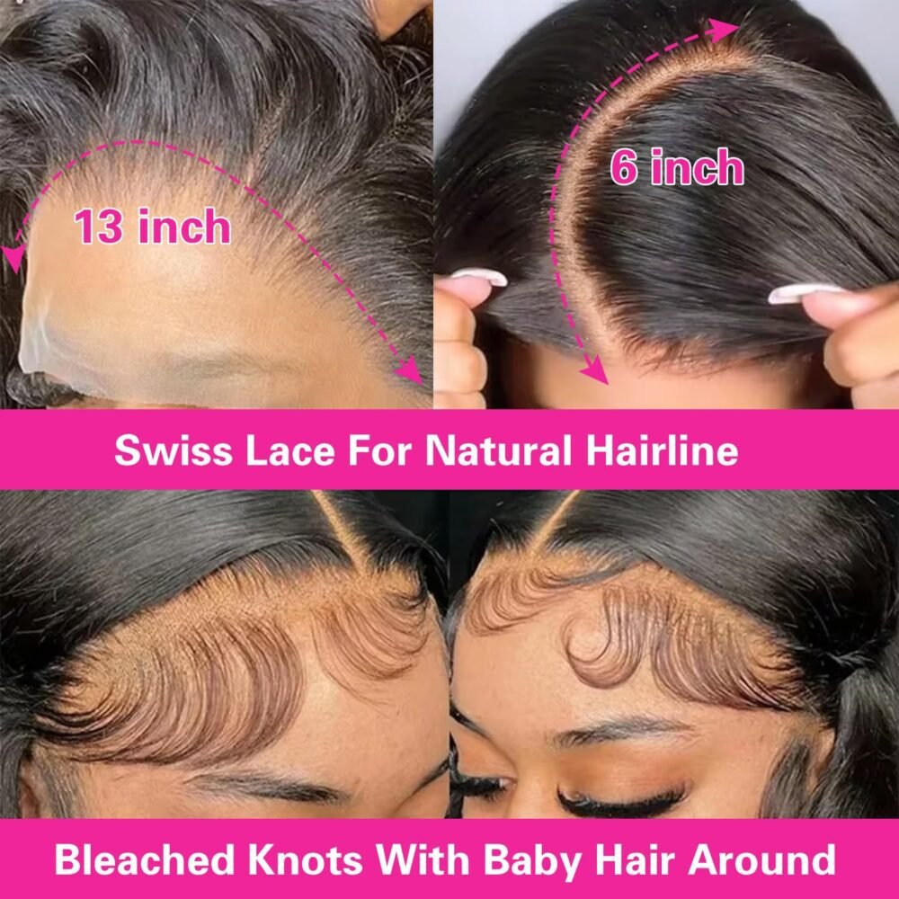 ⁦باروكة شعر طبيعي 30 إنش - 13x6 لاسي فرونتال بكثافة 250%، لون #1 جت بلاك، غلويليس مع شريط شفاف وشعر مع البيبي هير للنساء⁩ - الصورة ⁦5⁩