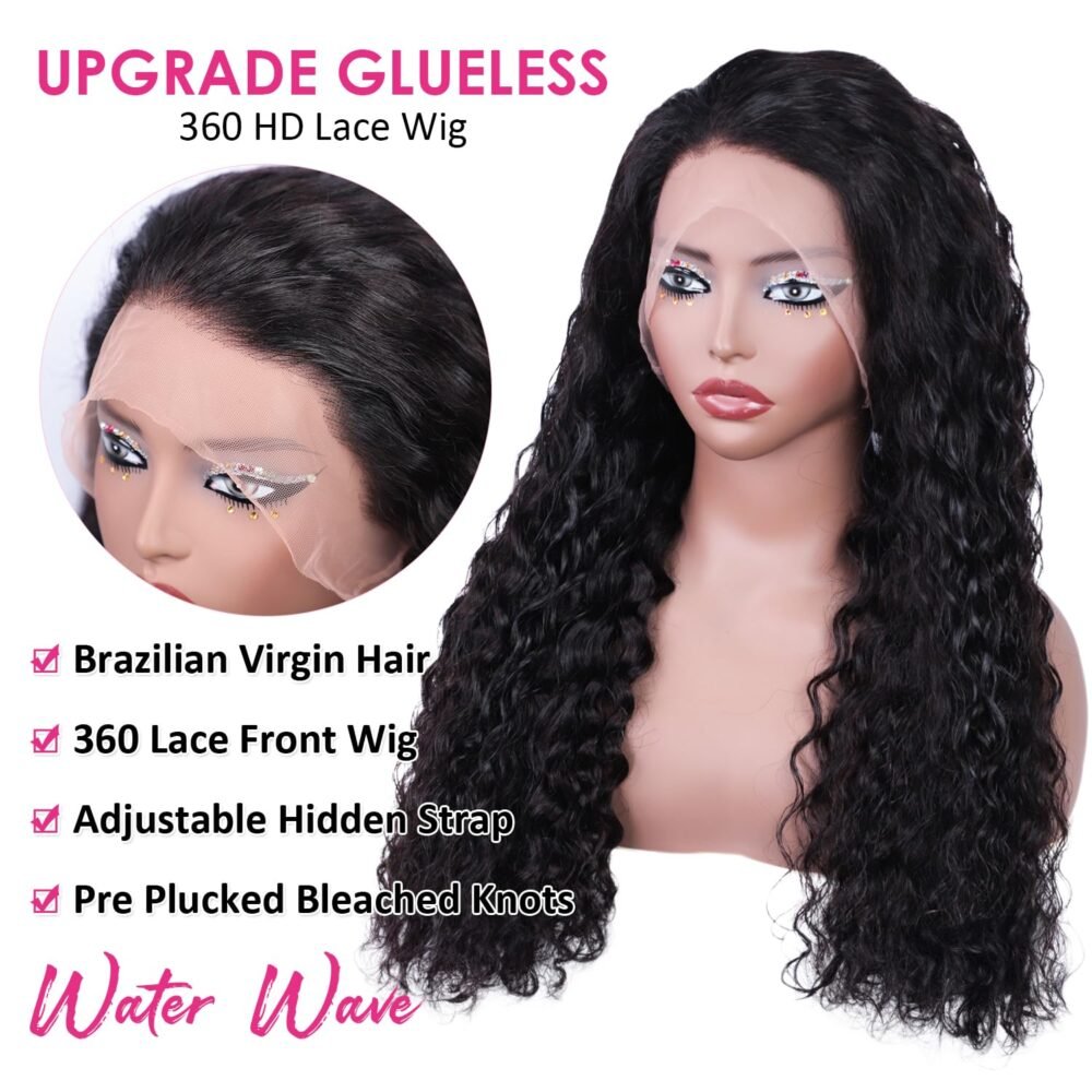 باروكة 360 خفية مع حزام، شعر بشري، بدون غراء، أمواج مائية، باروكة كاملة من الدانتيل مع سحب للتعديل، حواف طبيعية، للشعر البشري، 26 بوصة – مثالية للنساء. - الصورة 3
