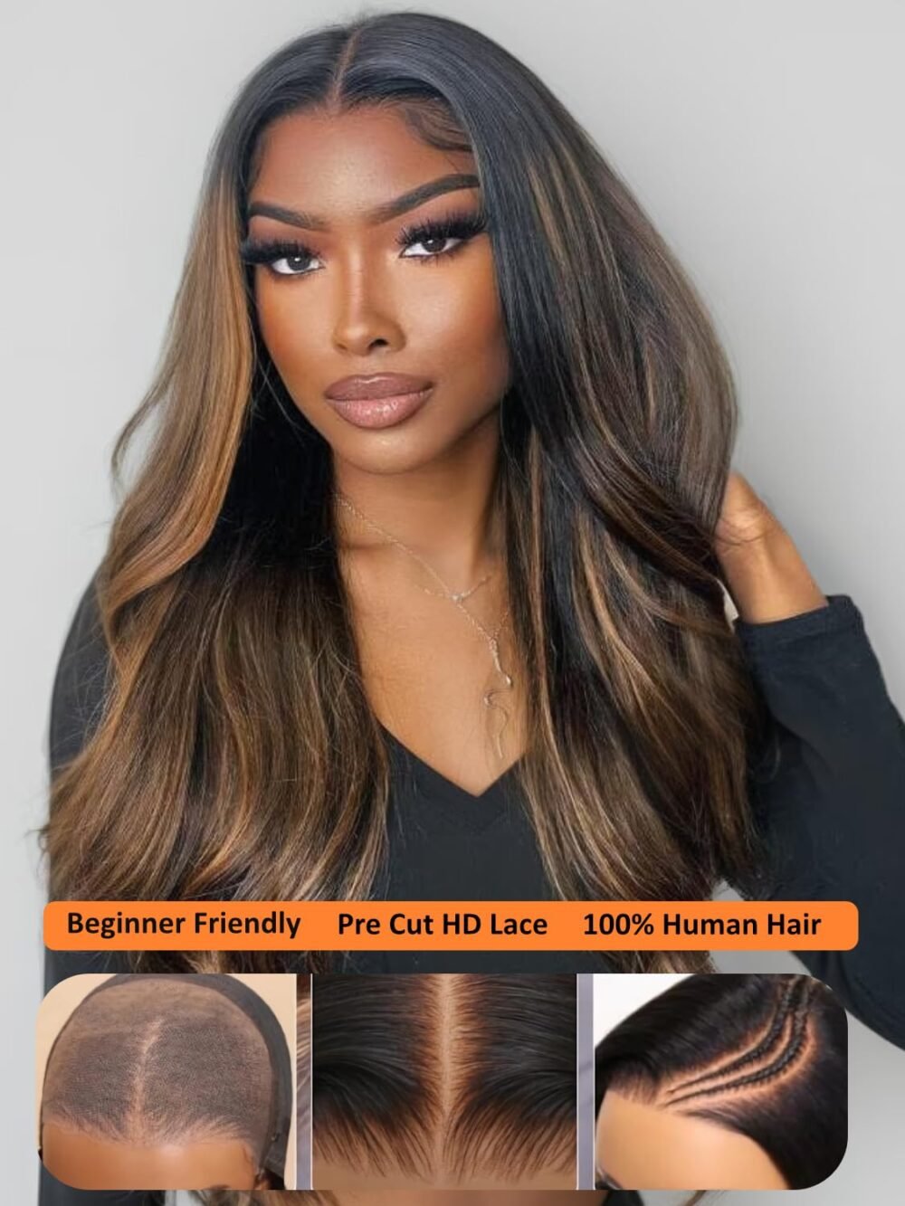 ⁦باروكة Julia Hair Bye Bye Knots بلون هايلايت بالياج بني - رباط أمامي HD 7x5، بدون غراء، تموجات جسم، مشذبة مسبقًا، شعر بشري 22 بوصة⁩ - الصورة ⁦3⁩