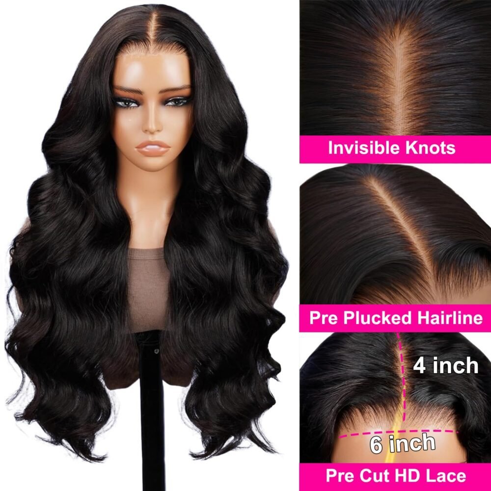 باروكة جاهزة للارتداء 6x4 بكثافة 250% شعر طبيعي، 26 بوصة، دانتيل شفاف HD، للنساء - باروكة موجهة للمبتدئين مع موجة جسم وتجزئة وسطية - الصورة 2