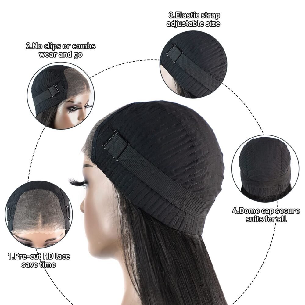 باروكة شعر بشري مستقيم جاهزة للارتداء بدون غراء، 6×4 غلق شفاف HD، كثافة 200%، 26 بوصة، مفرغة مسبقاً، للنساء - الصورة 5