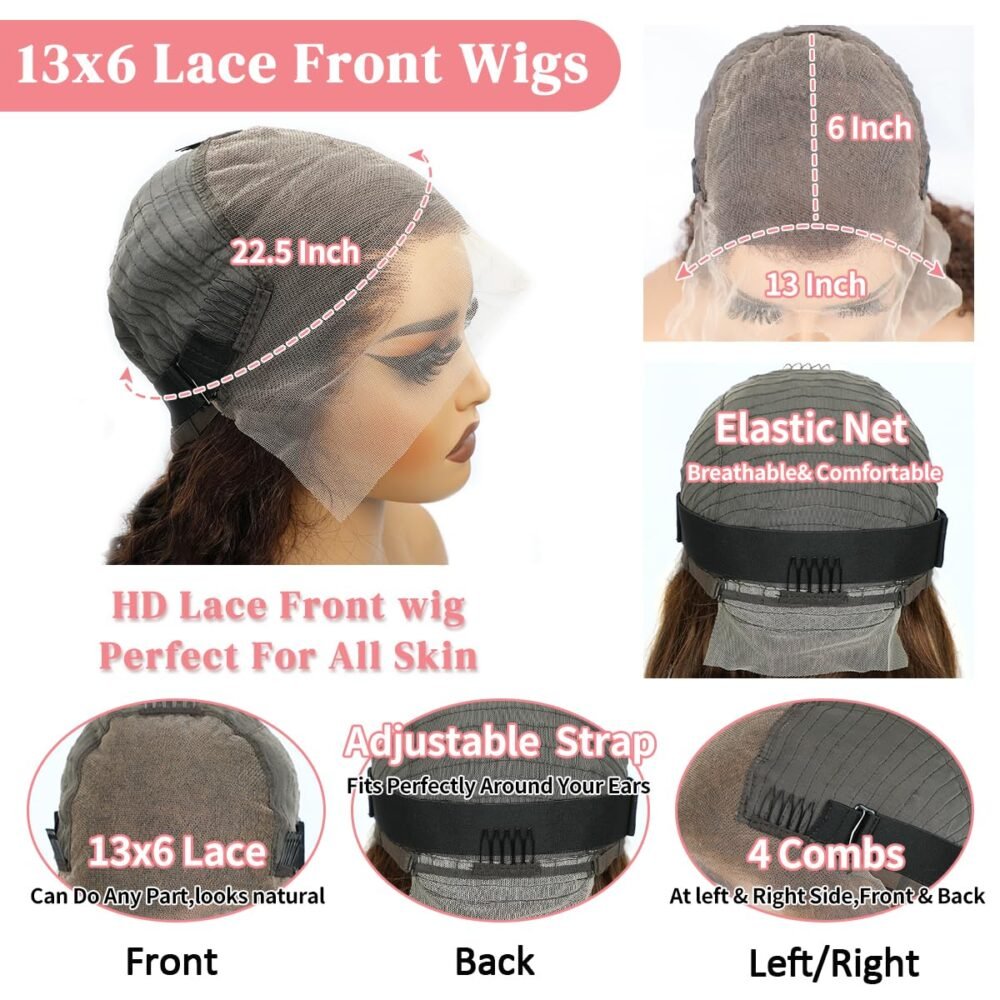 ⁦باروكة دانتيل أمامي 32 بوصة بني شوكولاتة، تموج عميق بشعر بشري، كثافة 200%، دانتيل 13x6، خالية من الغراء، مع شعر طفل، تموجات عميقة، إطلالة طبيعية⁩ - الصورة ⁦5⁩