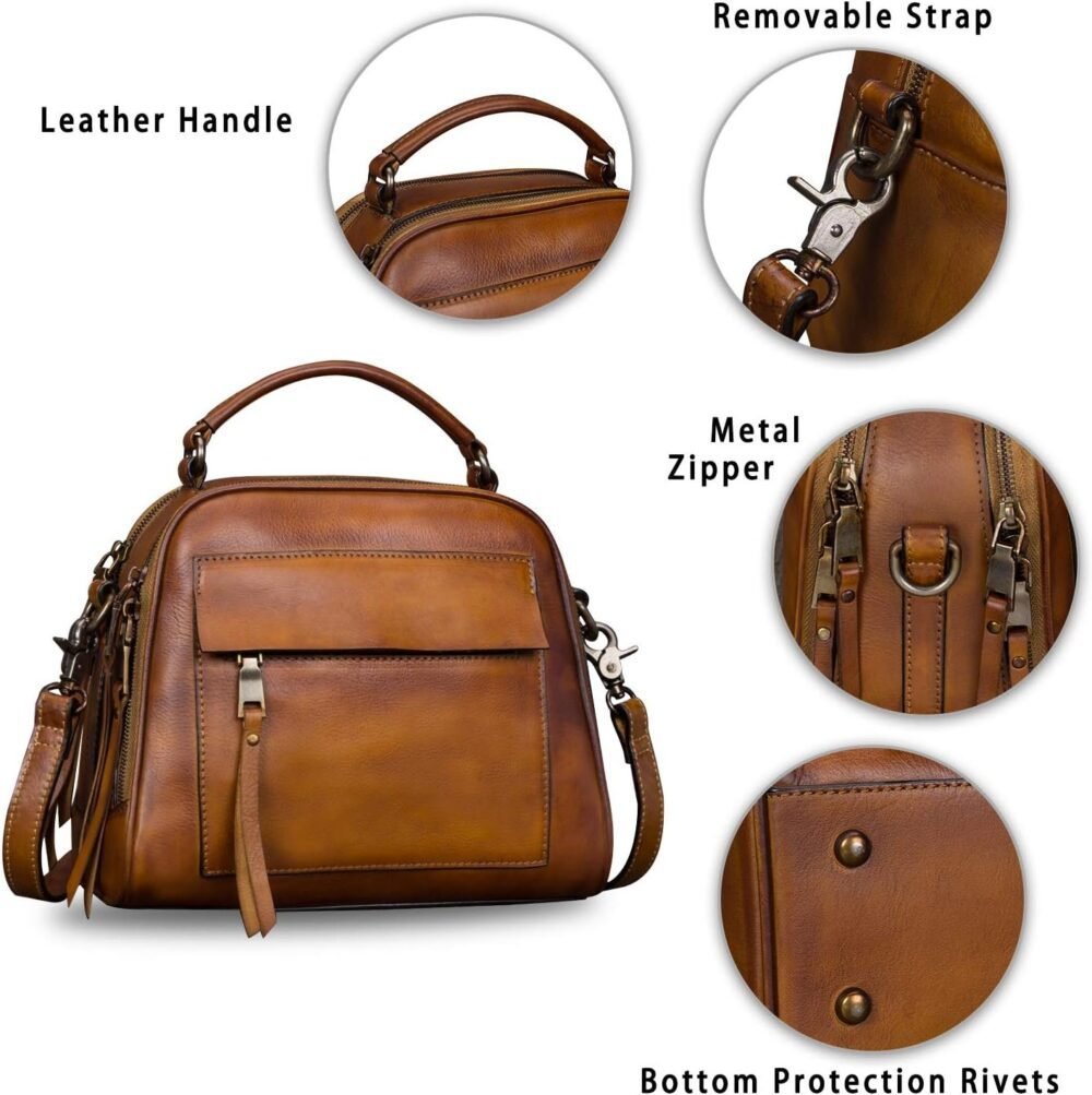 حقيبة يد نسائية من الجلد الطبيعي مع حزام كروس بودي، حقيبة كتف يدوية الصنع بتصميم عتيق - الصورة 6