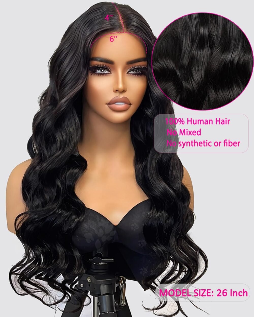 ⁦باروكة دانتيل أمامي بطول 28 بوصة، شعر بشري بتسريحة موجة الجسم، 6x4 دانتيل إغلاق، شعر بشري مع خصلات غير مرئية، بدون غراء، تم تصفيفه مسبقًا، كثافة 200%⁩ - الصورة ⁦2⁩