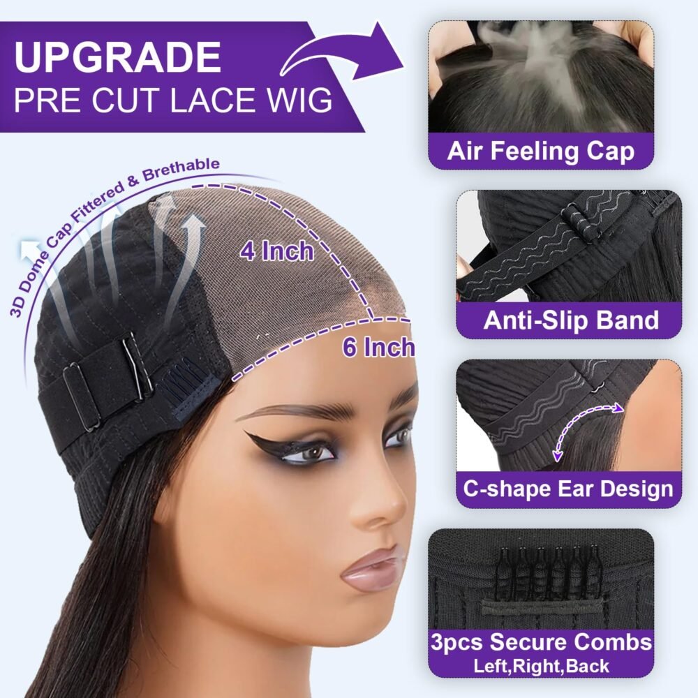 باروكة جاهزة للارتداء 6x4 Glueless 250% كثافة، شعر طبيعي، 26 بوصة – باروكة مستقيمة للنساء السود مع دانتيل HD - الصورة 6