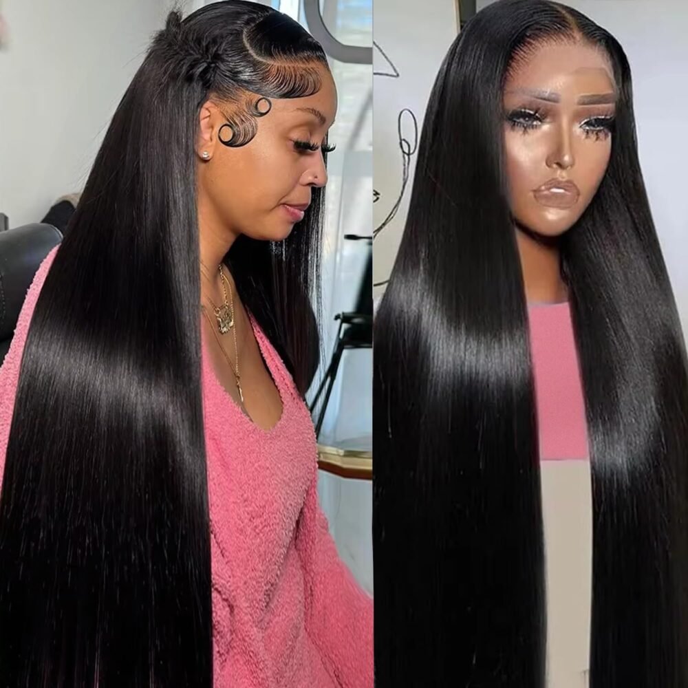 باروكة شعر طبيعي 30 إنش - 13x6 لاسي فرونتال بكثافة 250%، لون #1 جت بلاك، غلويليس مع شريط شفاف وشعر مع البيبي هير للنساء