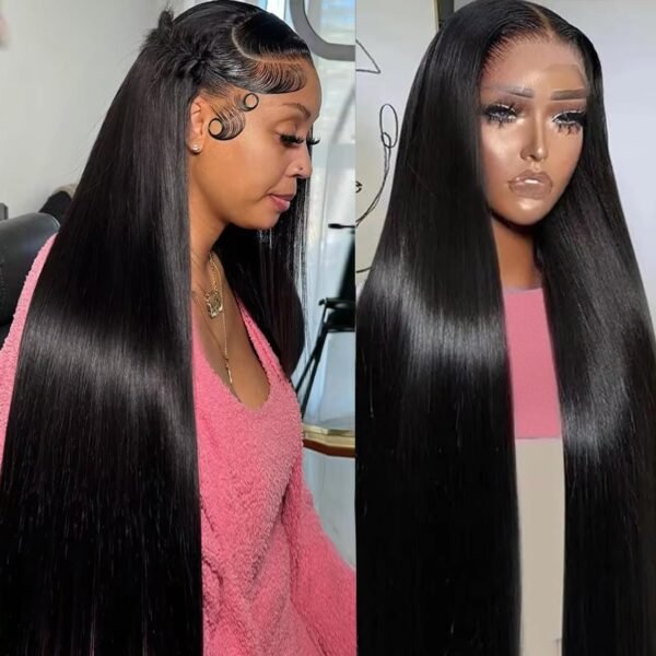 باروكة شعر طبيعي 30 إنش - 13x6 لاسي فرونتال بكثافة 250%، لون #1 جت بلاك، غلويليس مع شريط شفاف وشعر مع البيبي هير للنساء