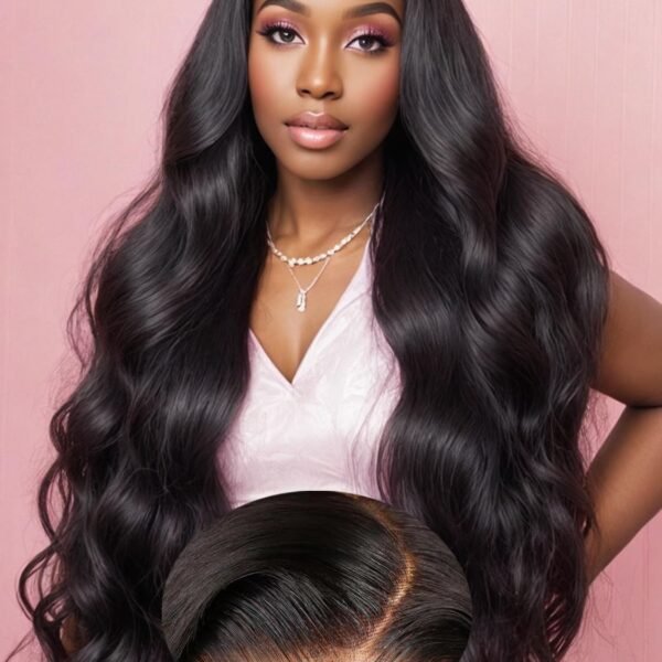 باروكة دانتيل أمامي بطول 28 بوصة، شعر بشري بتسريحة موجة الجسم، 6x4 دانتيل إغلاق، شعر بشري مع خصلات غير مرئية، بدون غراء، تم تصفيفه مسبقًا، كثافة 200%