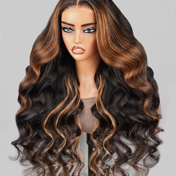 شعر مستعار 5x6 جاهز للاستخدام بدون لاصق – شعر بشري 1B/30 هايلايت، كثافة 210% مع دانتيل جاهز، تجعيد الجسم 24 إنش – شعر مستعار بشري للنساء