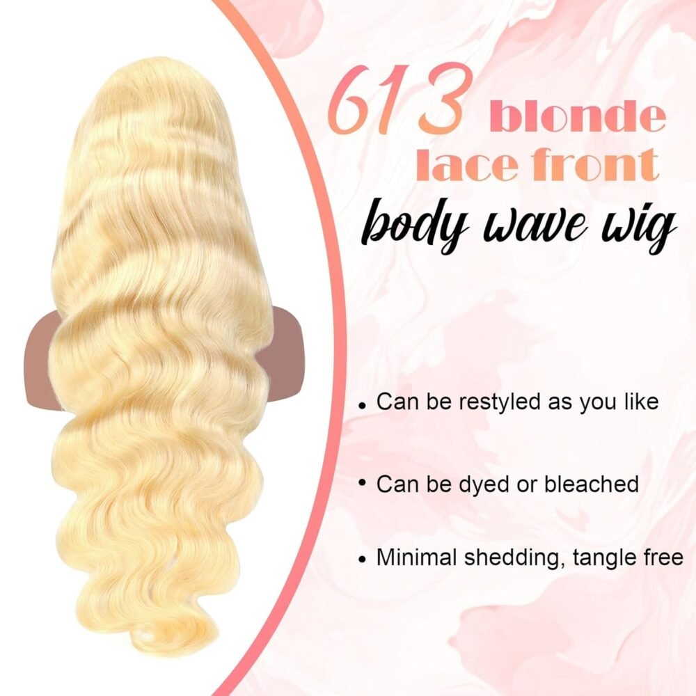باروكة شعر بشري 613 بليس 32 بوصة، 13x6 رباط أمامي، هايلايت بلوند، تموجات جسم، باروكة شعر بشري مع شعر صغير، مشذبة مسبقًا - الصورة 5
