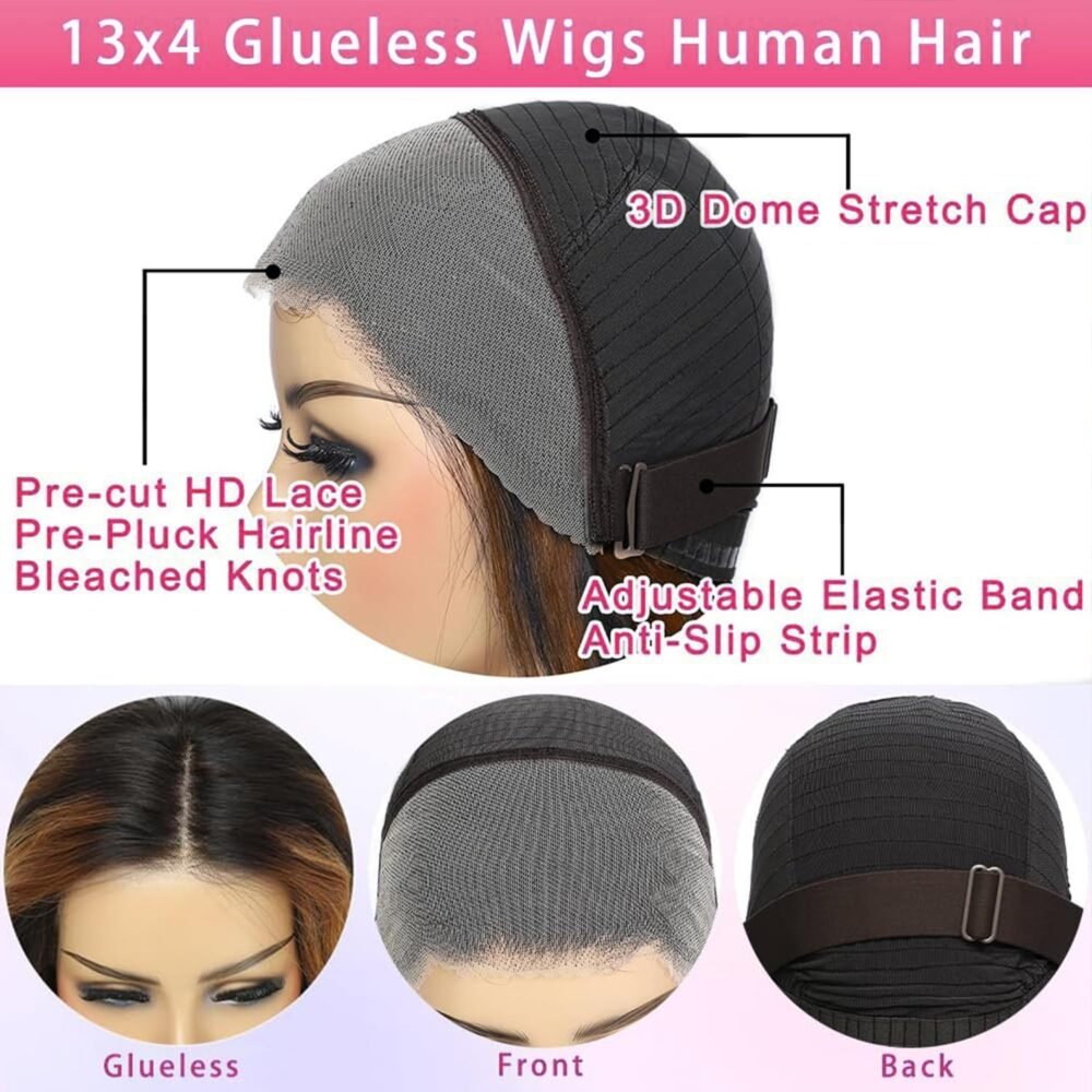 ⁦باروكة شعر طبيعي 32 بوصة - بدون غراء، مشذبة مسبقًا، 1B/30، هايلايت بني عسلي، رباط 13x4⁩ - الصورة ⁦3⁩