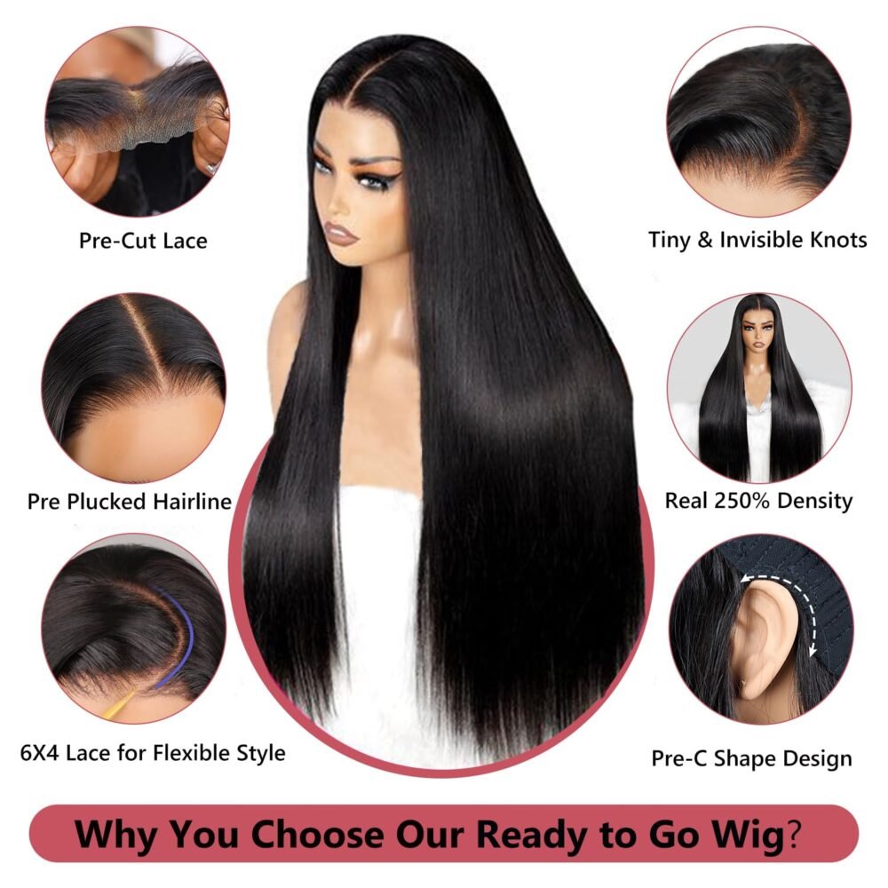 باروكة شعر طبيعي مستعار بتقنية Glueless من CUTE BEIN – تصميم مستقيم، 26 بوصة، كثافة 250%، بخط شعر طبيعي مع خصل Baby Hair - الصورة 4