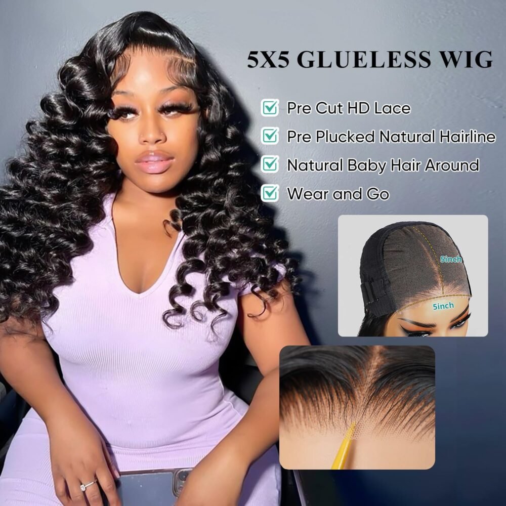 باروكة شعر بشري 32 بوصة تموجات عميقة فضفاضة بدون غراء، 5x5 غطاء إغلاق، شعر بشري - الصورة 5