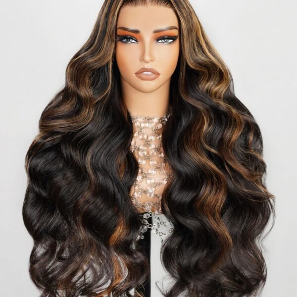 باروكة شعر بشري Arabella، 22 بوصة، هايلايت أومبري 1B/30، 13x4 رباط، بدون غراء، كثافة 210%، تموجات الجسم، مشذبة مسبقًا، عقد صغيرة حقيقية