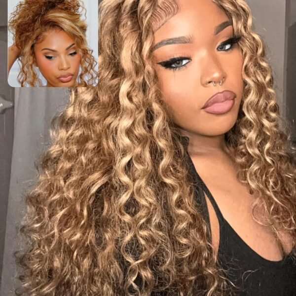 باروكة UNICE Water Wave بشعر بشري مع خصلات باللون الأشقر، مع تقنية Bye Bye Knots - 24 بوصة، دانتيلا 7x5، جاهزة للاستخدام دون غراء