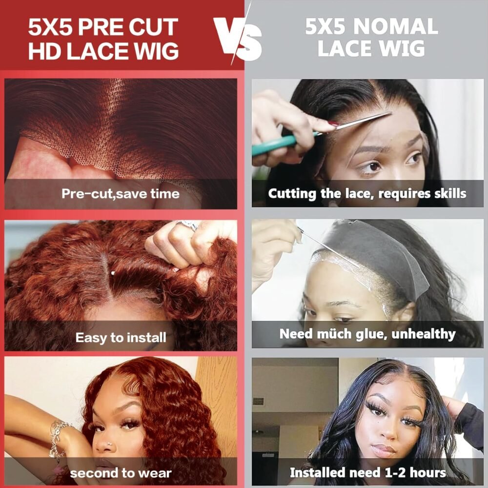 ⁦باروكة جليوليس بشعر بشري 33# بني زنجبيل منغولي مع دانتيل أمامي 5x5، لون كستنائي عميق مع تموجات طبيعية، باروكة بشعر بشري جليوليس جاهزة للارتداء 26 بوصة⁩ - الصورة ⁦4⁩