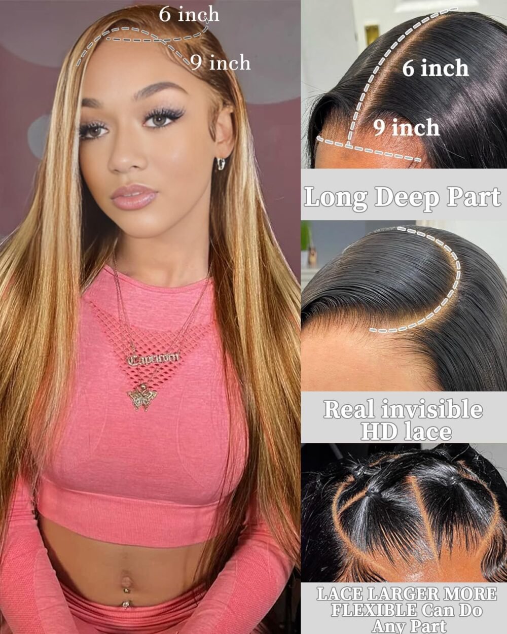 باروكة شعر بشري 24 بوصة، هايلايت أومبري 4/27، 9x6 رباط، بدون غراء، مشذبة مسبقًا، كثافة 200%، شعر مستقيم، رباط أمامي HD - الصورة 2