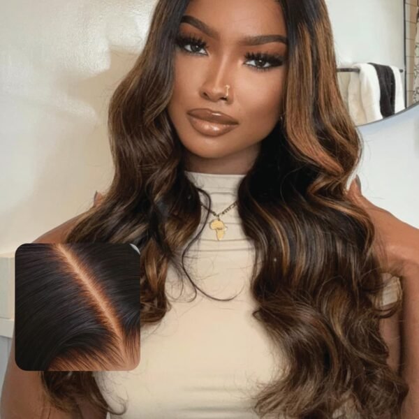 باروكة شعر بشري UNICE، 22 بوصة، هايلايت بالياج بني، 7x5 رباط، بدون غراء، مشذبة مسبقًا، كثافة 150%، تموجات الجسم، رباط أمامي، عقد مبيضة مسبقًا، جاهزة للاستخدام