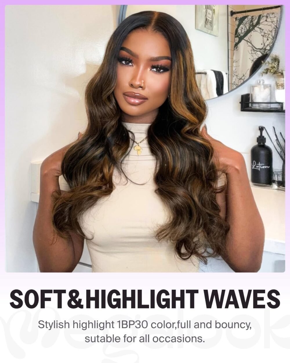 ⁦"شعر بشري جلوسي جاهز للاستخدام من MEGALOOK 6x5، مزود بشريط لاصق مسبق وموجة جسم أومبير 1BP30، كثافة 220%، 12A، 26 بوصة، هايلايت، شعر بشري مع بلسم وحواف ضئيلة"⁩ - الصورة ⁦2⁩