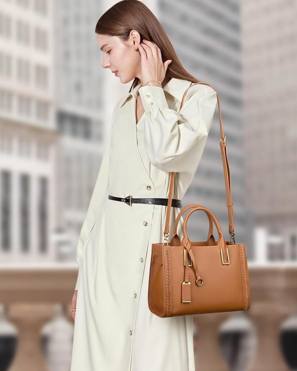 ⁦حقيبة "أوفر إيرث" ساتشيل جلد حقيقي للنساء، حقيبة يد وشماغ كتف⁩ - الصورة ⁦3⁩