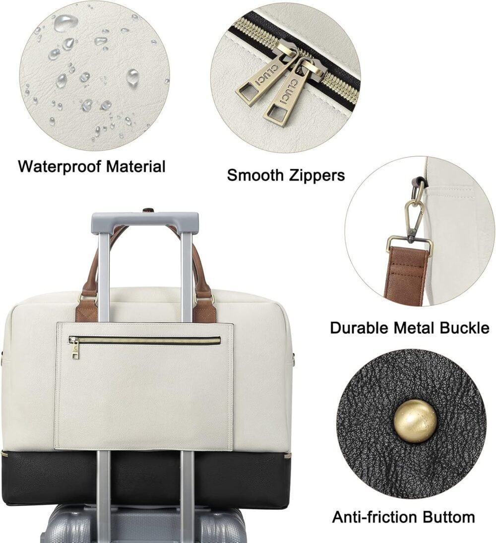 حقيبة السفر "كلوسي" للنساء - حقيبة دفل جلدية كبيرة مع حجرة للأحذية، حقيبة أسبوعية، حقيبة لليلة واحدة - بيج مع بني وأسود - الصورة 6