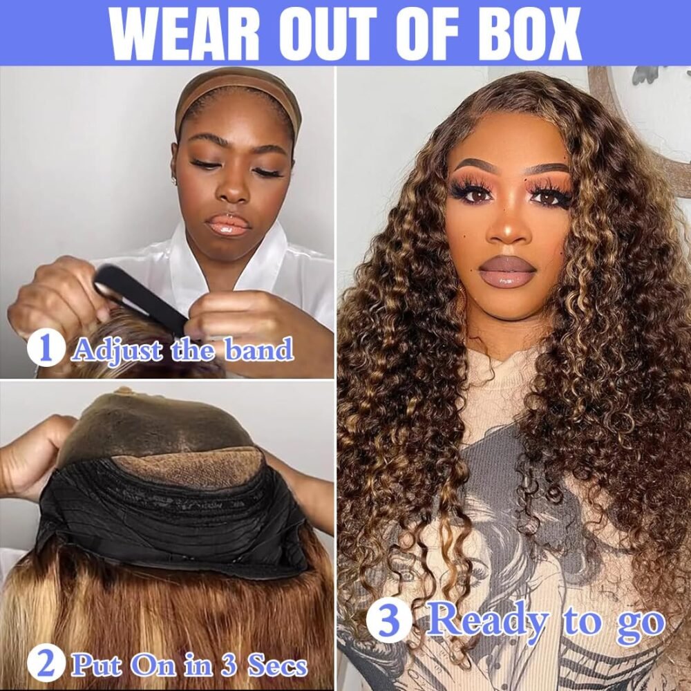 ⁦باروكة شعر بشري جاهزة للاستخدام بدون غراء، هايلايت، 6x4 غلق رباط، تموجات عميقة، مشذبة مسبقًا، شعر بشري، 28 بوصة، شعر مجعد بلون أشقر⁩ - الصورة ⁦2⁩